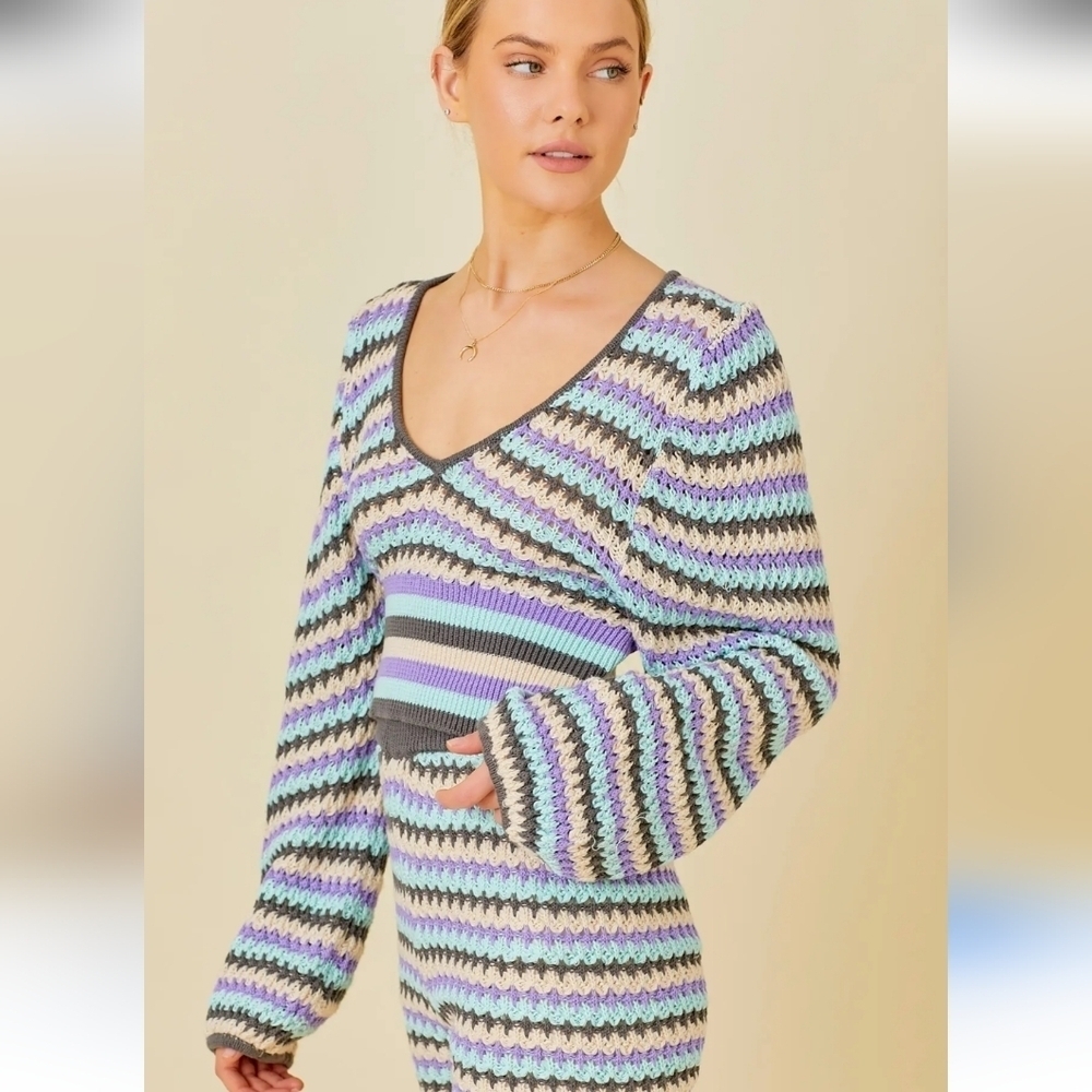 Petal Dew Pastel Stripe Crochet Knit Sweater –Y2K Bell Sleeve V-Neck Crop Top. S